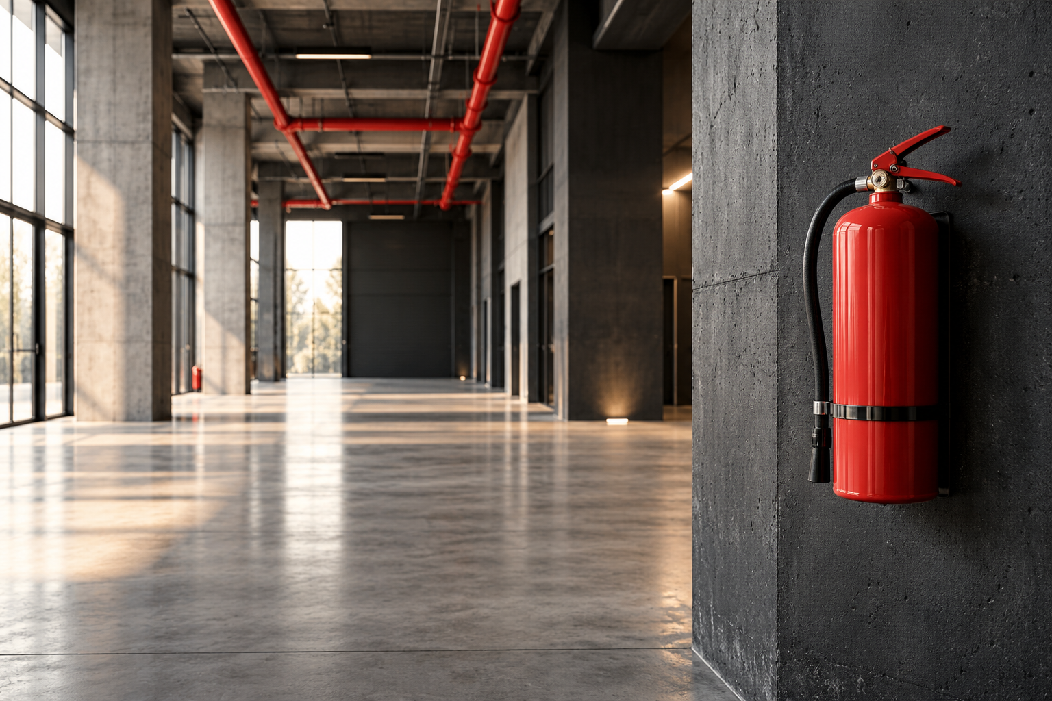 Roter Feuerlöscher in einer modernen Industriehalle